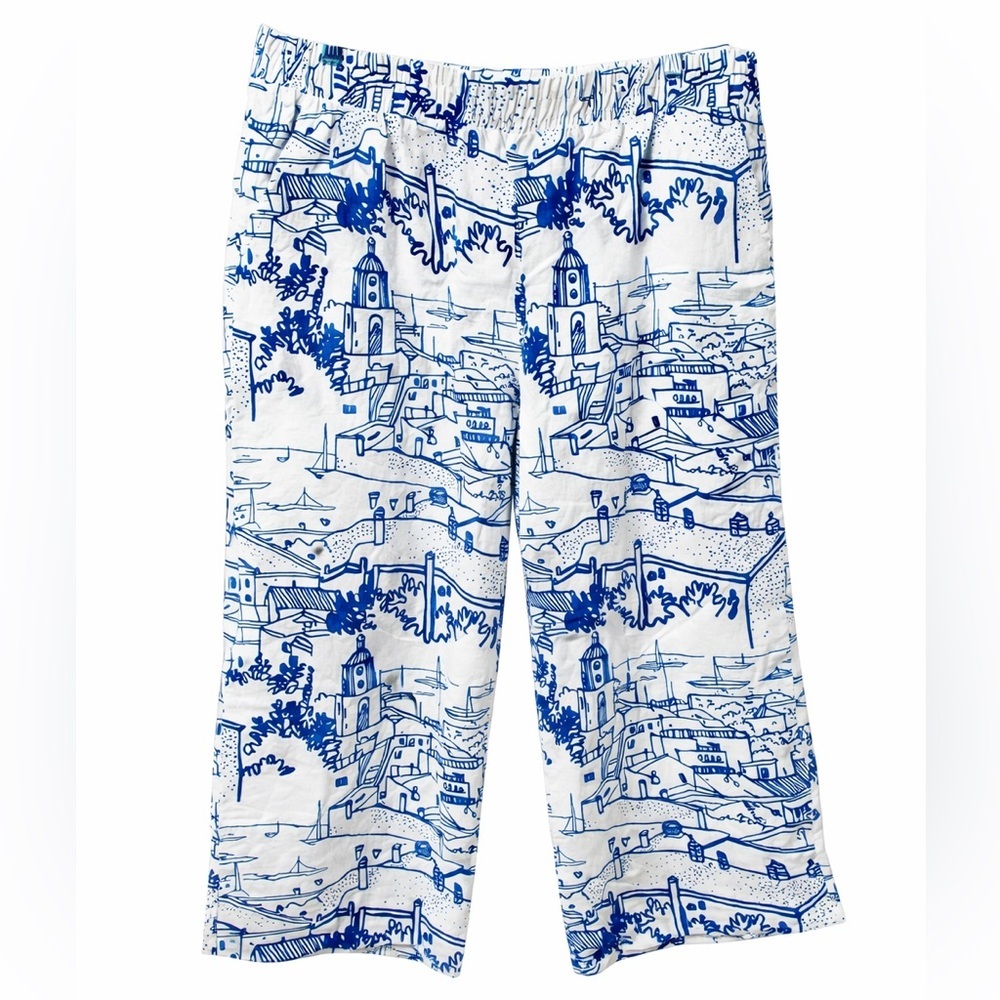 Calypso St Barth Linen Wide Leg Pants Blue White Coastal High Rise L